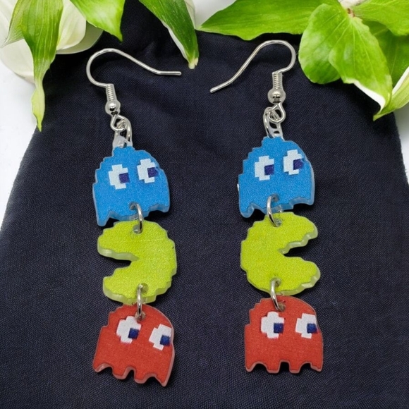 Pac-Man Arcade Game Earrings Retro Ghost Acrylic Dangle Pierced Fish Hook Gamer - Picture 3 of 5